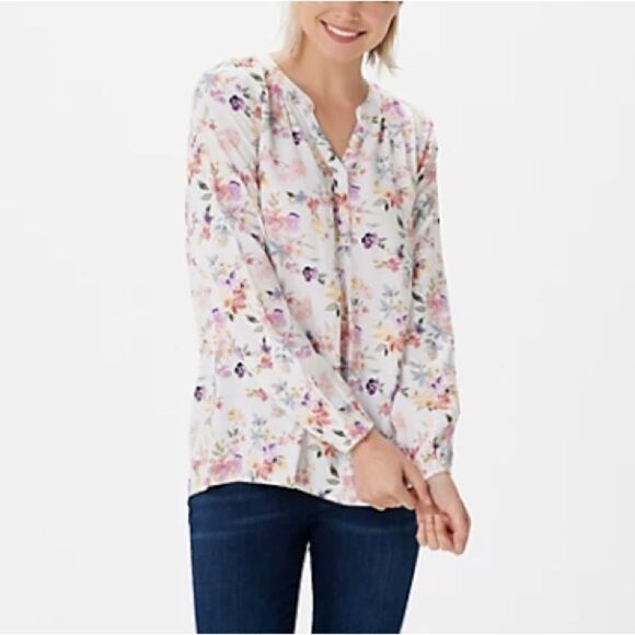 Denim & Co. Printed V-Neck Long-Sleeve Blouse - Picture 1 of 4